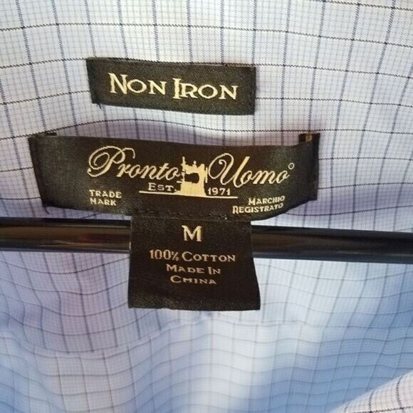 PRONTO UOMO Mens Blue Checkered Dress Shirt Size Medium Cotton Non Iron - Picture 6 of 7
